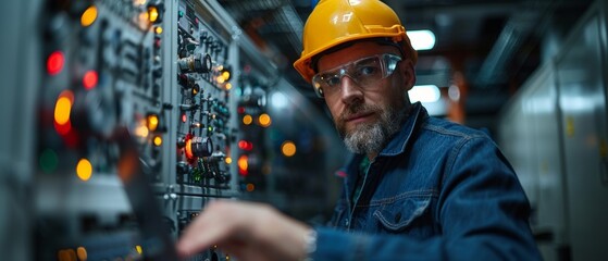 With a laptop computer, the field service engineer technician electrician inspects and controls machine hardware and software. He installs electric systems.