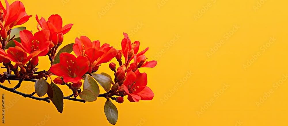 Poster autumn leaves of a red azalea contrasting with a vibrant yellow backdrop creating a stunning copy sp