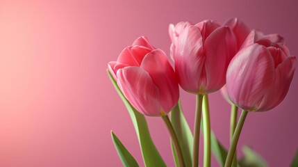 Obraz premium Vibrant pink tulips placed in a vase on a matching pink background