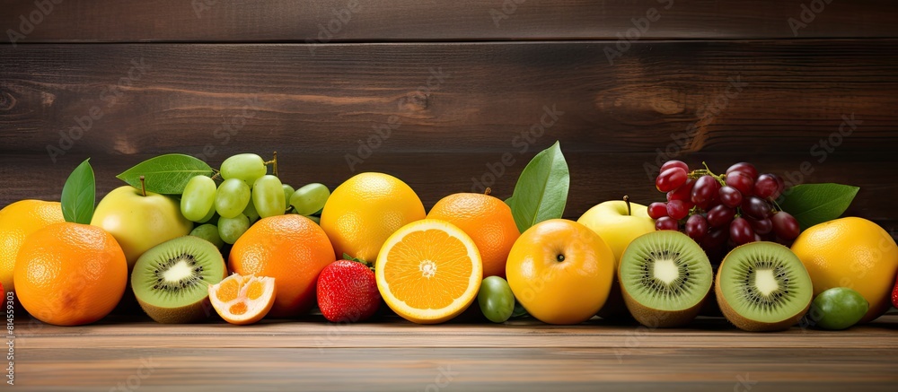 Poster a copy space image featuring a delicious assortment of fruits including oranges kiwis apples and lim