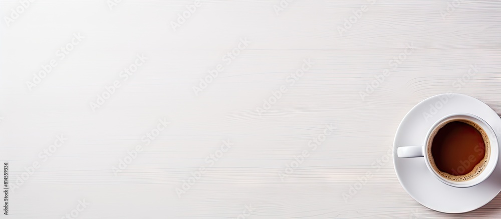 Poster An isolated white desk with a coffee cup placed in the center provides a clean and empty surface Copy space is available for use
