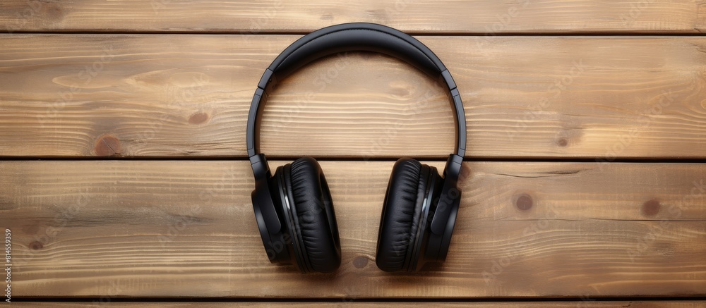 Poster there is a top view of wireless black headphones placed on a wooden table with a background that has