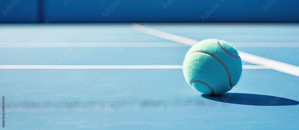 Poster a copy space image of a blue paddle tennis court with a ball positioned on the lines captured in a c