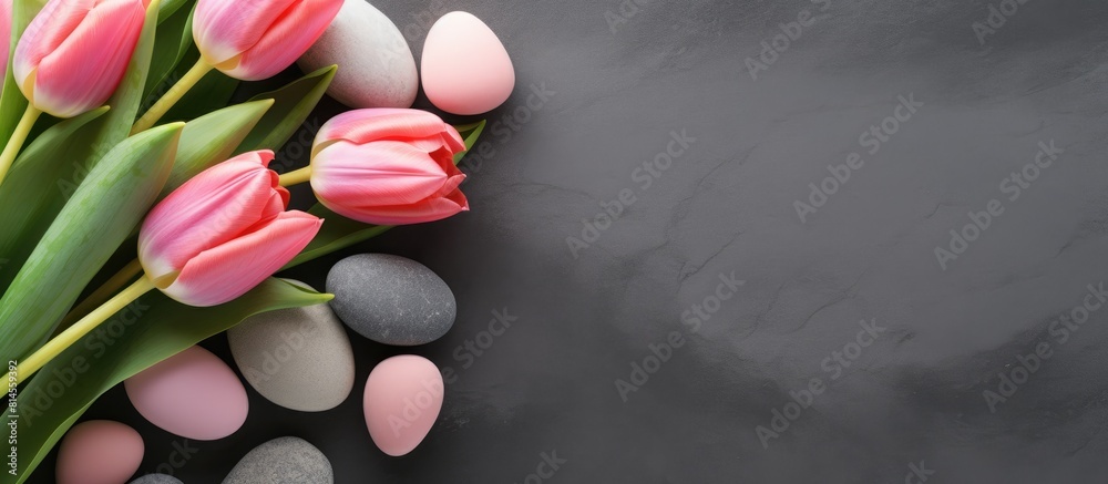 Poster a copy space image featuring pink tulips and easter eggs arranged on a stone surface