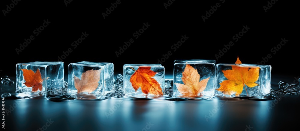 Poster Leaves are trapped inside ice cubes in this copy space image