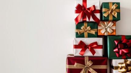 A stack of red gift boxes with gold bows and ribbon