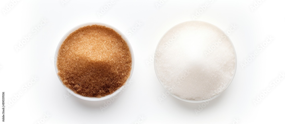 Poster An overhead view of white and brown sugar isolated on a white background with empty space around it for other elements in the image. with copy space image. Place for adding text or design