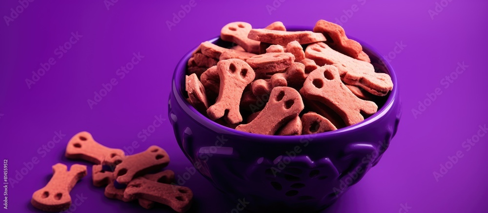 Aufkleber top view of a red bowl filled with bone shaped dog cookies placed on a vibrant purple background the