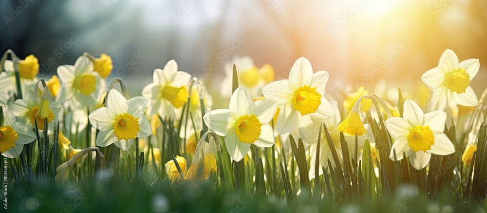 Poster In springtime a picturesque meadow is adorned with vibrant daffodil flowers creating a captivating copy space image
