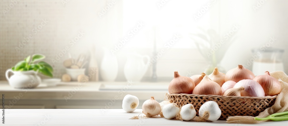 Poster In a modern kitchen there is a white marble table with a basket filled with fresh onions The image has plenty of empty space for adding text. with copy space image. Place for adding text or design