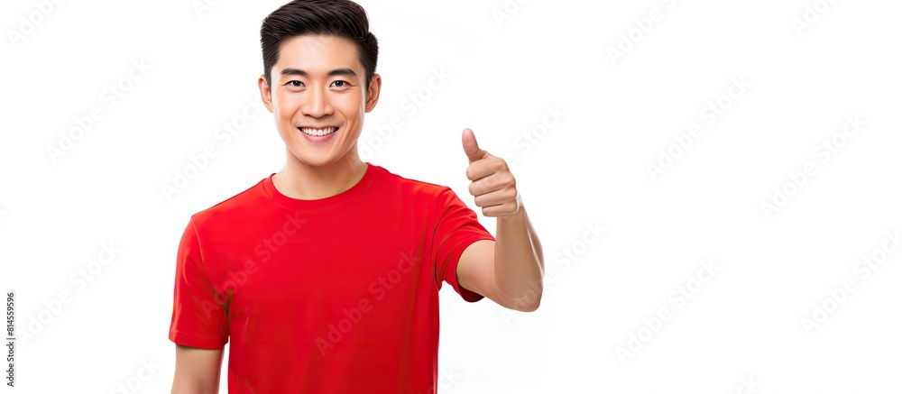 Poster handsome asian man in a red t shirt pointing to a tote bag with a happy smile on a white background 