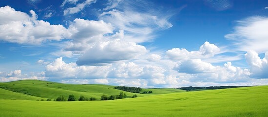 Obraz premium The picturesque scenery of summertime showcases lush green fields a vibrant blue sky adorned with fluffy clouds and ample copy space