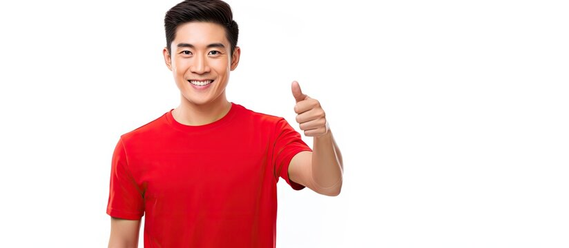 Handsome Asian man in a red t shirt pointing to a tote bag with a happy smile on a white background Shopping and delivery copy space image