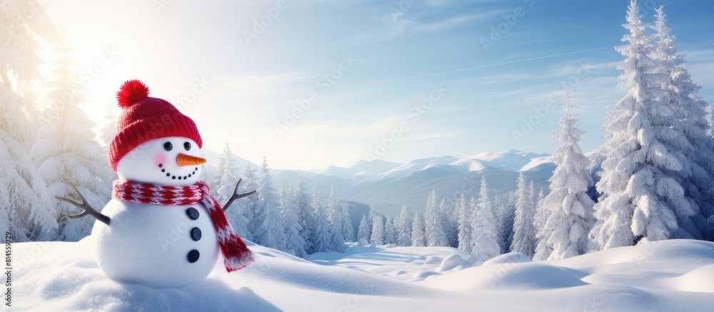 Poster snowman wearing a santa hat happily situated in a snowdrift with the forest as a backdrop presenting