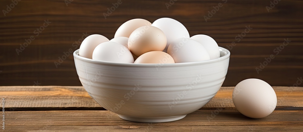 Poster a closeup image of white eggs in a bowl set against a wooden background with ample copy space