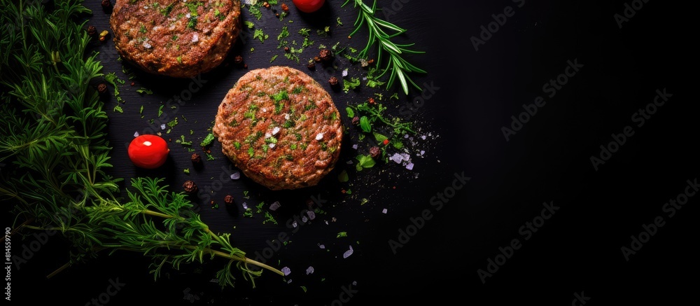 Poster Herb infused hamburger patties Viewed from the top on a dark background there is copy space available in the image