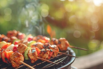 outdoor picnic scene with chicken kebabs on the grill