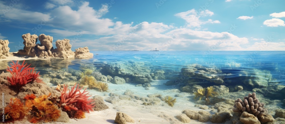 Aufkleber the image features a scenic sandy beach accompanied by stunning coral formations all positioned near