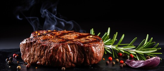 A delicious beef steak cooked on a grill served on a black table ready for a restaurant menu photograph with copy space 118 characters