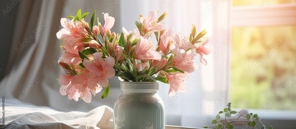 Poster Alstroemeria flowers and decor adorn a vase on a bedside table in a bedroom. with copy space image. Place for adding text or design