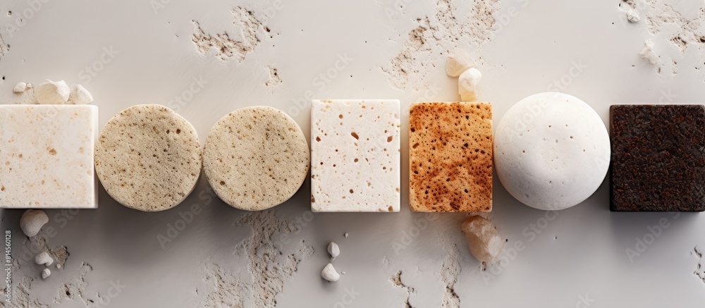Poster a copy space image showcasing bath sponges and pumice stones arranged on a sleek marble surface as v