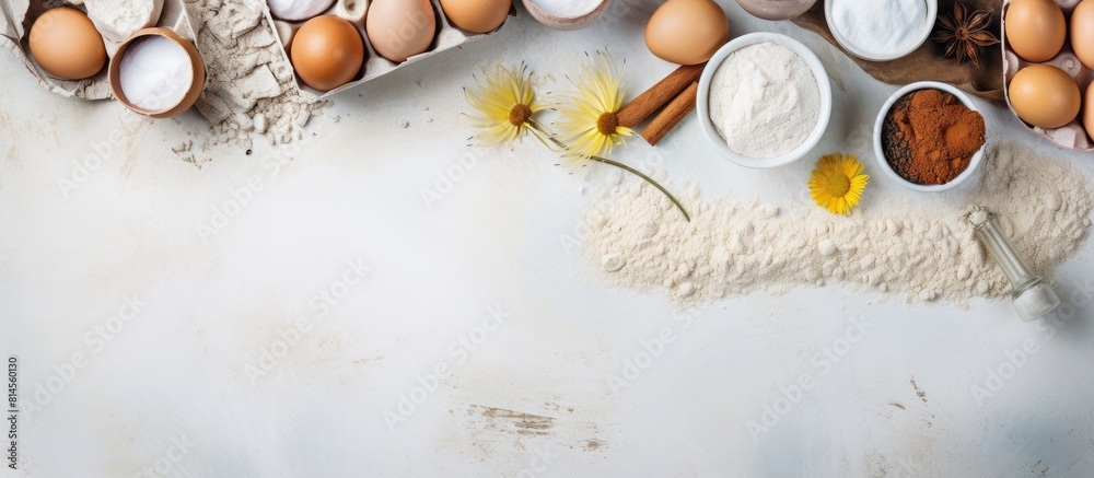 Aufkleber A top down view of ingredients for baking including flour sugar eggs and more arranged on a light stone table with ample room for text or additional images