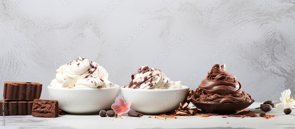 Aufkleber on a white grey stone table there is a copy space image showcasing small white bowls filled with hom