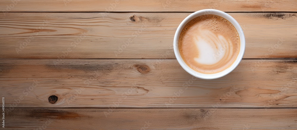 Aufkleber top view of a dalgona coffee cup on a wooden table with ample copy space for an image