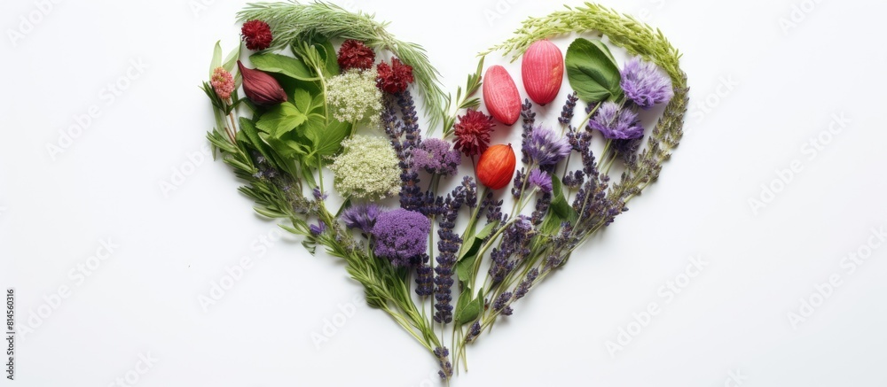Poster copy space image of a heart shaped arrangement of herbs set against a crisp white backdrop