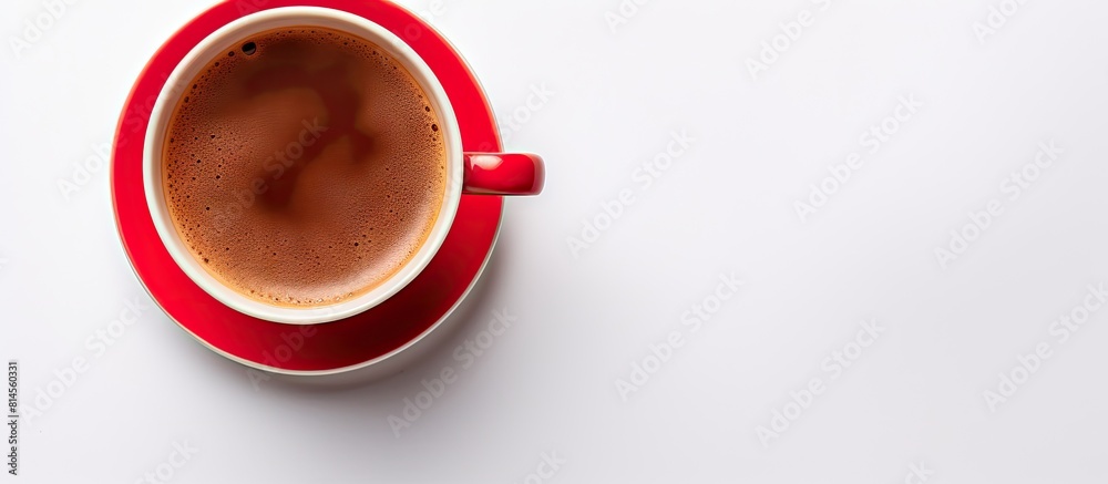 Poster top view of a red ceramic cup filled with steaming aromatic coffee on a white background perfect for