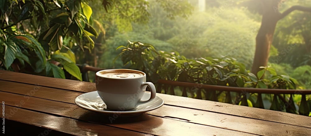 Poster Morning scene at a garden cafe with a cup of coffee placed on a table presenting a serene atmosphere. with copy space image. Place for adding text or design
