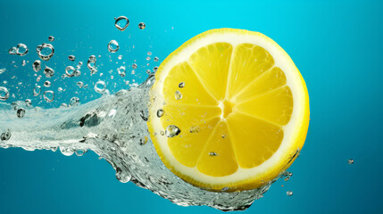 slices lemon with splash water, blue background