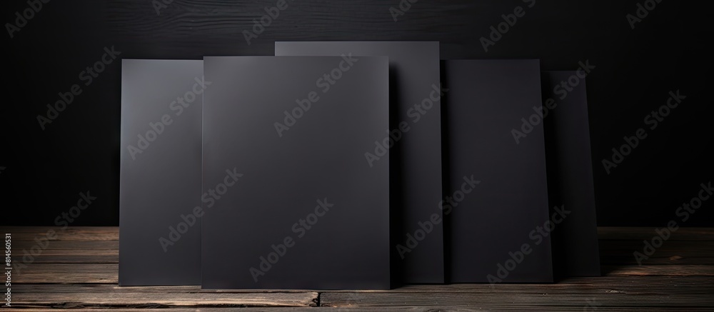 Poster Black wooden background with a stack of blank paper sheets for a brochure creating a mock up with copy space image