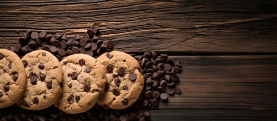 A copy space image featuring cookies and chocolate chips arranged on a rustic wooden background