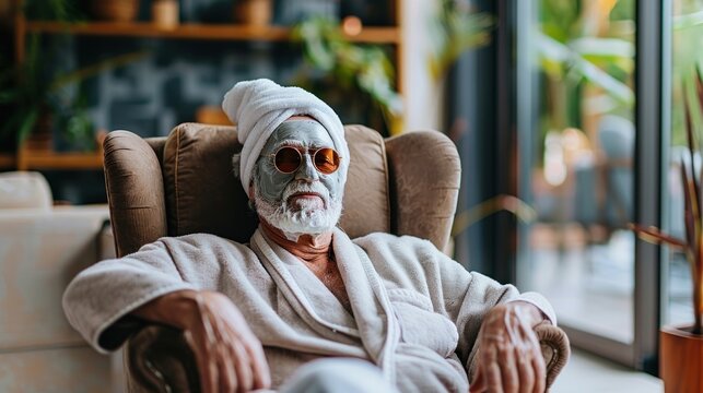 Adult man wearing a robe and sunglasses, sitting in a chair and relaxing