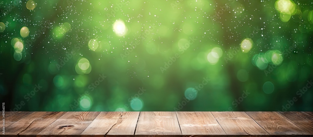 Poster Image of a rustic wooden board with a vibrant green bokeh background. with copy space image. Place for adding text or design