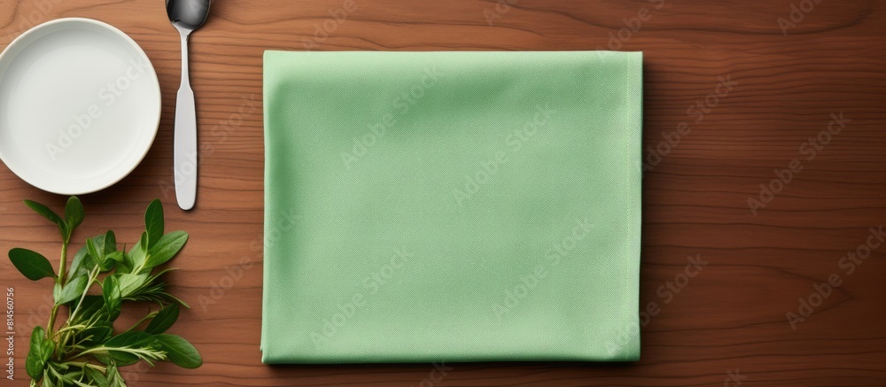 Poster flat lay with a minimalist feel featuring a green kitchen napkin folded on a table the isolated imag