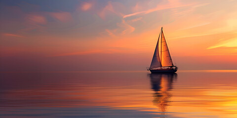 Sailboat drifting into the sunset. Sunset serenity. Sailboat silhouette on the horizon. Serene seascape with reflective waters.