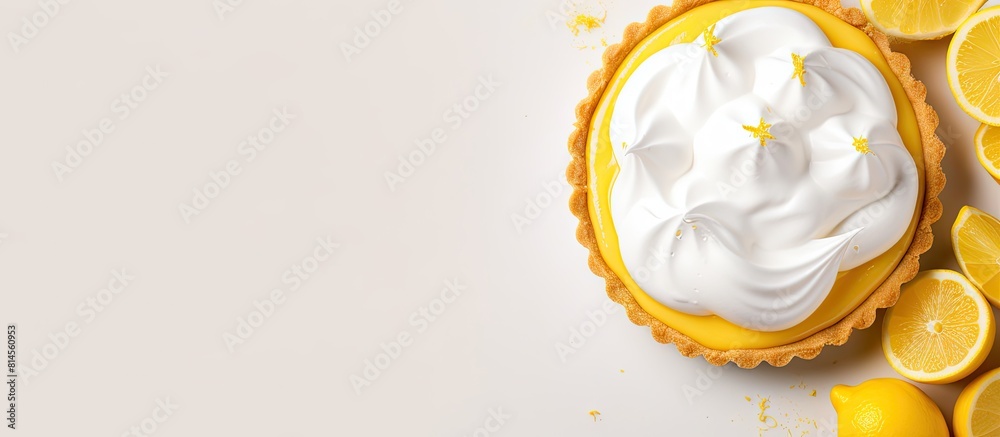 Poster Overhead shot of a delicious lemon curd and meringue tart perfect for adding your own text to the copy space image