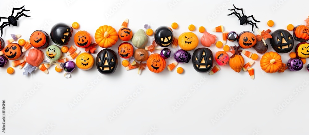 Poster view from above of a halloween holiday frame featuring colorful candy bats spiders pumpkins and deco