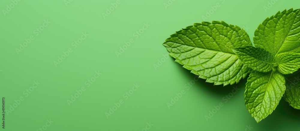 Poster A fresh mint leaf is isolated on a colored background providing a top view with copy space image