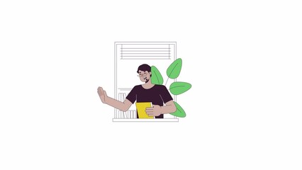 Friendly middle eastern man in window line 2D character animation. Greeting gesture flat color cartoon 4K video, alpha channel. Positive arab male neighbor animated person on white background