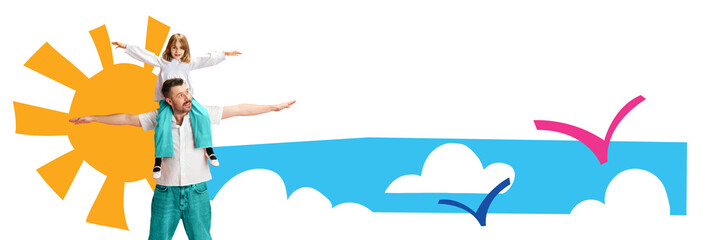 Banner. Contemporary art collage. Father and daughter soar in imagination, playing airplane against sunny and sky-like backdrop. Concept of Happy father's Day, parenthood, family celebrations. Ad