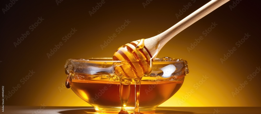 Poster high angle view of a wooden honey dipper spoon immersed in a bowl of fresh thick acacia honey creati