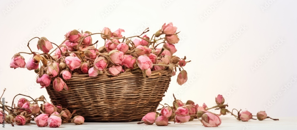 Poster a basket filled with dried wild roses is placed on a clean white surface creating a beautiful copy s