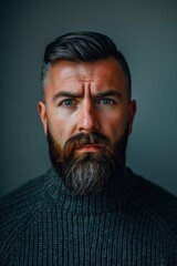 Obraz premium Close up of a handsome man with a beard, wearing a sweater