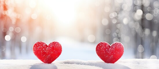 Fototapeta premium A Valentine s Day themed image showcasing red hearts on sparkling snow serving as a love symbol with ample copy space