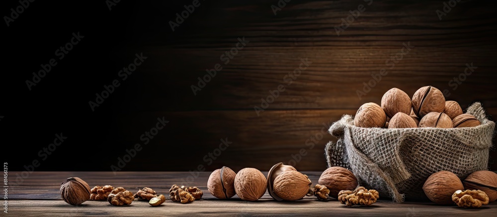 Aufkleber the dark wooden table is adorned with a basket of whole walnuts and scattered nuts around it creatin