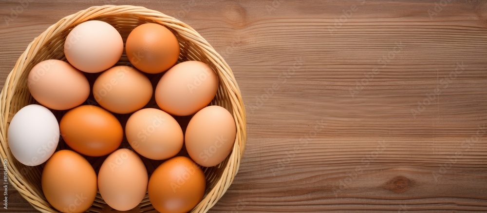 Poster a top view of raw chicken eggs arranged in a wooden basket set against a wooden background the image