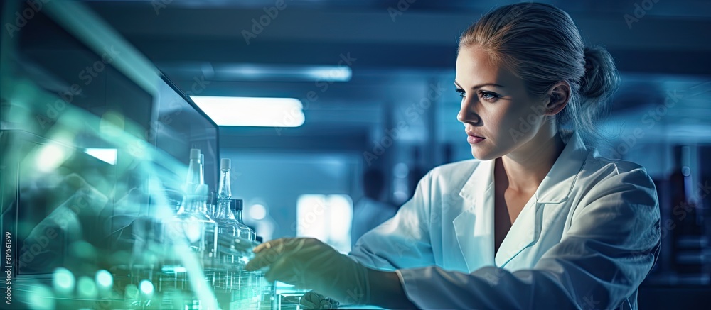 Poster a female scientist is analyzing a medicine related innovation in a science lab filled with chemical 